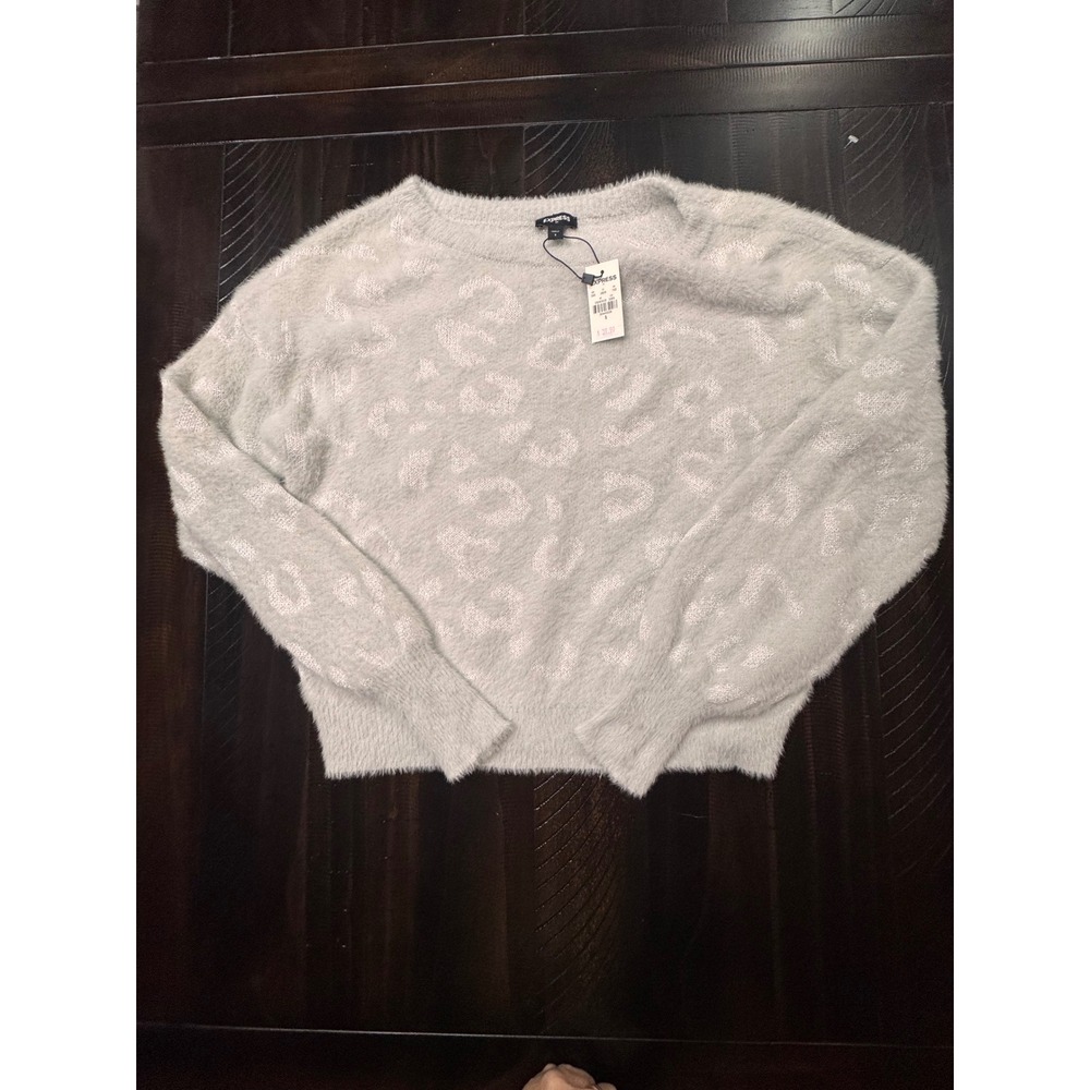 Express Womens Fuzzy Leopard Print Sweater Light Gray White Size S NEW